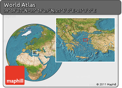 Satellite Location Map of the Area around 39° 3' 25" N, 25° 34' 30" E