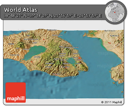 Satellite 3D Map of the Area around 39° 3' 25" N, 26° 25' 29" E