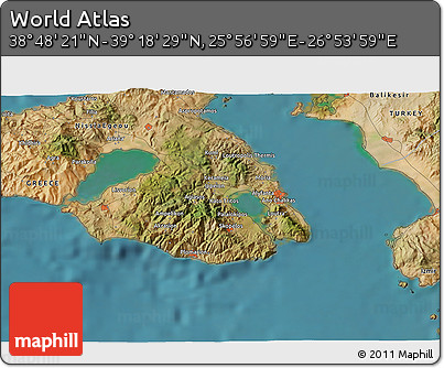 Satellite 3D Map of the Area around 39° 3' 25" N, 26° 25' 29" E