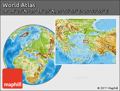 Physical Location Map of the Area around 39° 3' 25" N, 26° 25' 29" E