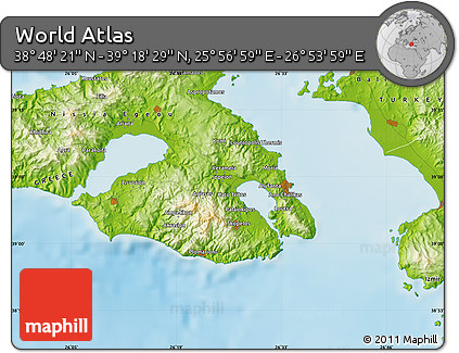 Physical Map of the Area around 39° 3' 25" N, 26° 25' 29" E