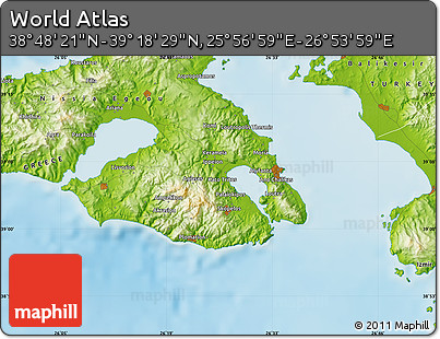 Physical Map of the Area around 39° 3' 25" N, 26° 25' 29" E