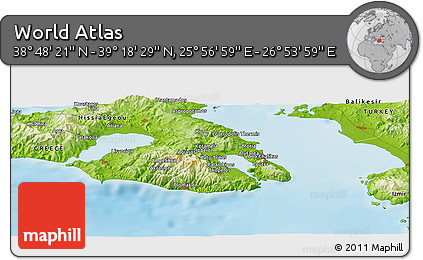 Physical Panoramic Map of the Area around 39° 3' 25" N, 26° 25' 29" E