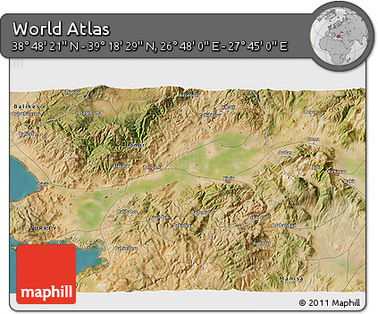 Satellite 3D Map of the Area around 39° 3' 25" N, 27° 16' 29" E