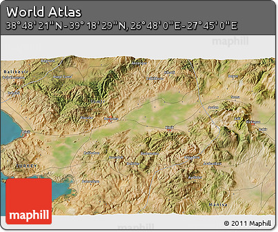 Satellite 3D Map of the Area around 39° 3' 25" N, 27° 16' 29" E