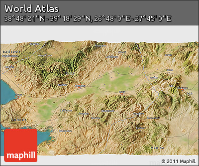 Satellite 3D Map of the Area around 39° 3' 25" N, 27° 16' 29" E