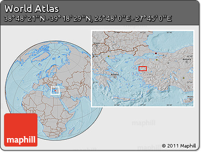Gray Location Map of the Area around 39° 3' 25" N, 27° 16' 29" E, hill shading