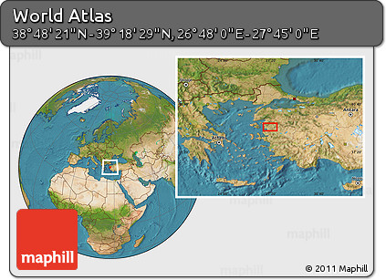 Satellite Location Map of the Area around 39° 3' 25" N, 27° 16' 29" E