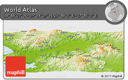 Physical Panoramic Map of the Area around 39° 3' 25" N, 27° 16' 29" E