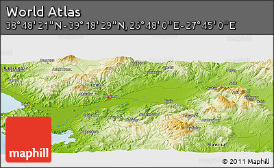 Physical Panoramic Map of the Area around 39° 3' 25" N, 27° 16' 29" E