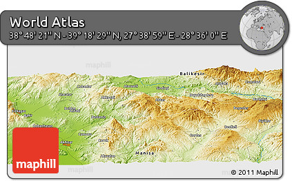 Physical Panoramic Map of the Area around 39° 3' 25" N, 28° 7' 30" E