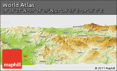 Physical Panoramic Map of the Area around 39° 3' 25" N, 28° 7' 30" E