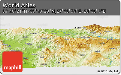 Physical Panoramic Map of the Area around 39° 3' 25" N, 28° 7' 30" E