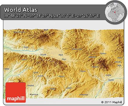 Physical 3D Map of the Area around 39° 3' 25" N, 28° 58' 30" E