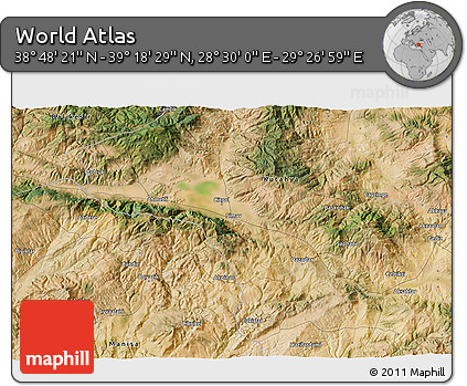 Satellite 3D Map of the Area around 39° 3' 25" N, 28° 58' 30" E