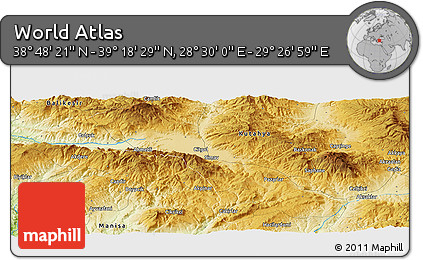 Physical Panoramic Map of the Area around 39° 3' 25" N, 28° 58' 30" E