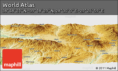 Physical Panoramic Map of the Area around 39° 3' 25" N, 28° 58' 30" E