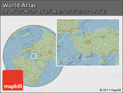 Savanna Style Location Map of the Area around 39° 3' 25" N, 29° 49' 30" E, hill shading