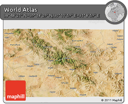 Satellite 3D Map of the Area around 39° 3' 25" N, 30° 40' 29" E