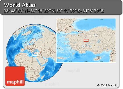 Shaded Relief Location Map of the Area around 39° 3' 25" N, 30° 40' 29" E