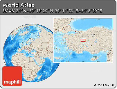 Shaded Relief Location Map of the Area around 39° 3' 25" N, 30° 40' 29" E