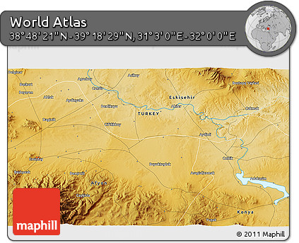 Physical 3D Map of the Area around 39° 3' 25" N, 31° 31' 29" E