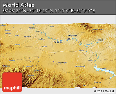 Physical 3D Map of the Area around 39° 3' 25" N, 31° 31' 29" E