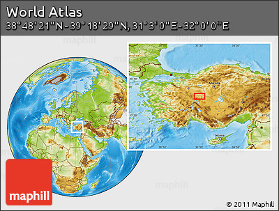Physical Location Map of the Area around 39° 3' 25" N, 31° 31' 29" E