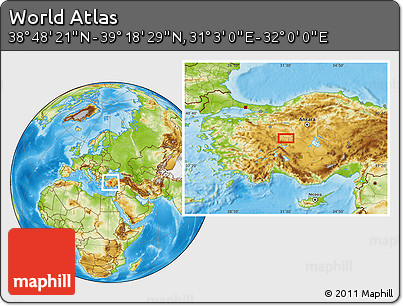 Physical Location Map of the Area around 39° 3' 25" N, 31° 31' 29" E