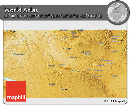 Physical 3D Map of the Area around 39° 3' 25" N, 32° 22' 30" E