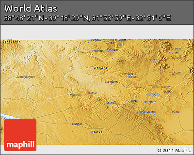 Physical 3D Map of the Area around 39° 3' 25" N, 32° 22' 30" E