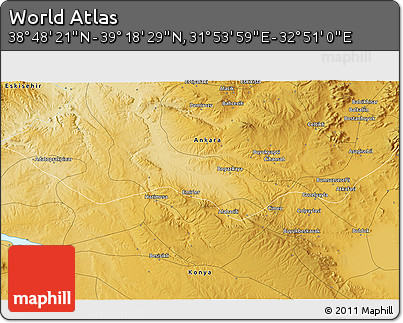 Physical 3D Map of the Area around 39° 3' 25" N, 32° 22' 30" E
