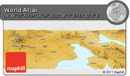 Physical Panoramic Map of the Area around 39° 3' 25" N, 33° 13' 30" E