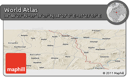Shaded Relief Panoramic Map of the Area around 39° 3' 25" N, 34° 55' 29" E