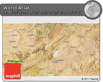 Satellite 3D Map of the Area around 39° 3' 25" N, 35° 46' 29" E