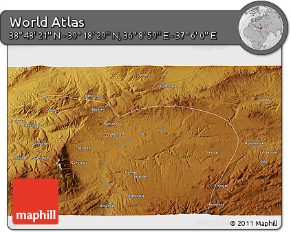 Physical 3D Map of the Area around 39° 3' 25" N, 36° 37' 30" E