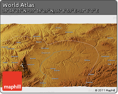 Physical 3D Map of the Area around 39° 3' 25" N, 36° 37' 30" E