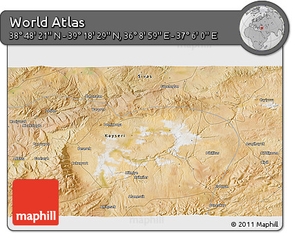 Satellite 3D Map of the Area around 39° 3' 25" N, 36° 37' 30" E