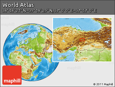 Physical Location Map of the Area around 39° 3' 25" N, 37° 28' 30" E