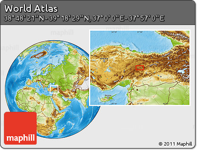 Physical Location Map of the Area around 39° 3' 25" N, 37° 28' 30" E