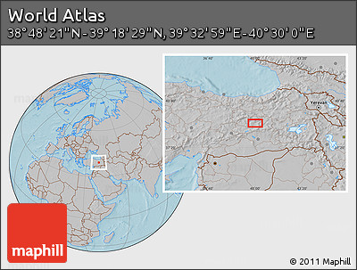 Gray Location Map of the Area around 39° 3' 25" N, 40° 1' 29" E, hill shading