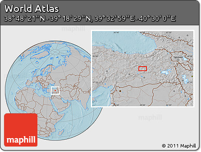 Gray Location Map of the Area around 39° 3' 25" N, 40° 1' 29" E, hill shading