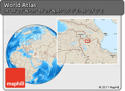 Shaded Relief Location Map of the Area around 39° 3' 25" N, 45° 58' 30" E