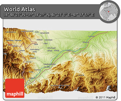 Physical 3D Map of the Area around 39° 3' 25" N, 46° 49' 30" E