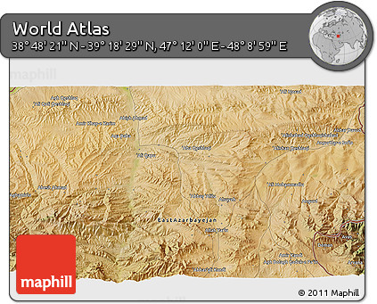 Satellite 3D Map of the Area around 39° 3' 25" N, 47° 40' 29" E