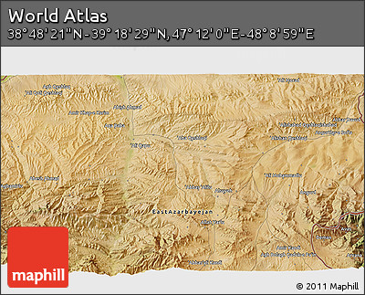 Satellite 3D Map of the Area around 39° 3' 25" N, 47° 40' 29" E