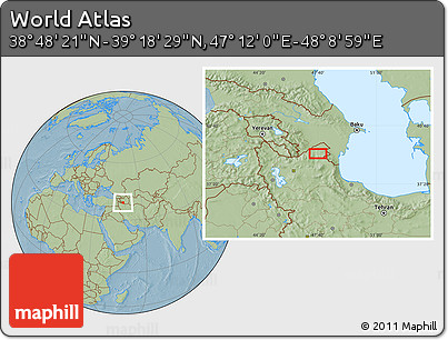 Savanna Style Location Map of the Area around 39° 3' 25" N, 47° 40' 29" E, hill shading
