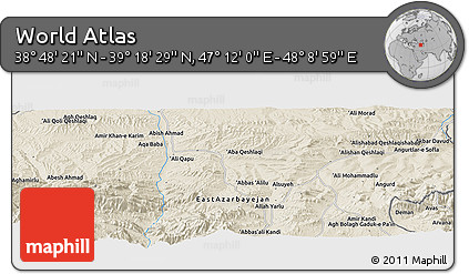 Shaded Relief Panoramic Map of the Area around 39° 3' 25" N, 47° 40' 29" E