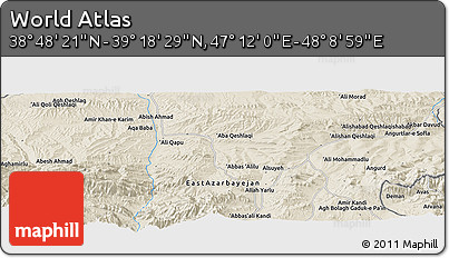 Shaded Relief Panoramic Map of the Area around 39° 3' 25" N, 47° 40' 29" E
