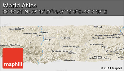 Shaded Relief Panoramic Map of the Area around 39° 3' 25" N, 47° 40' 29" E